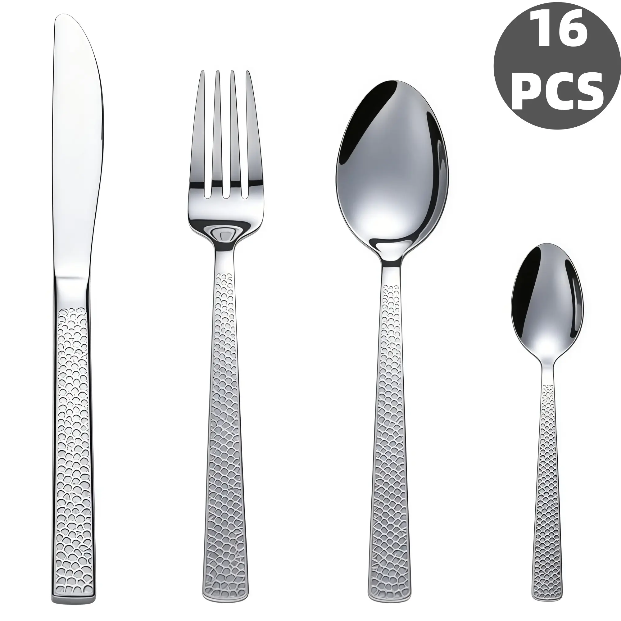 16Pcs Hammered Scale Textured Stainless Steel Tableware Cutlery Set, Mirror Polished Silverware Flatware, Rustproof Dishwasher Safe, Ideal for Home Kitchen, Family Meals, Apartment & Holiday Gifts