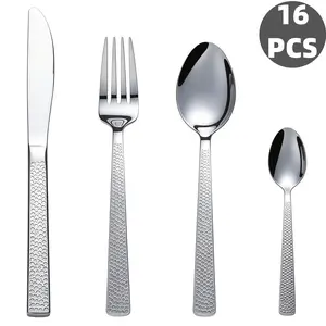 16Pcs Hammered Scale Textured Stainless Steel Cutlery Set, Mirror Polished Silverware Flatware, Rustproof Dishwasher Safe, Ideal for Home Kitchen, Family Meals, Apartment & Holiday Gifts