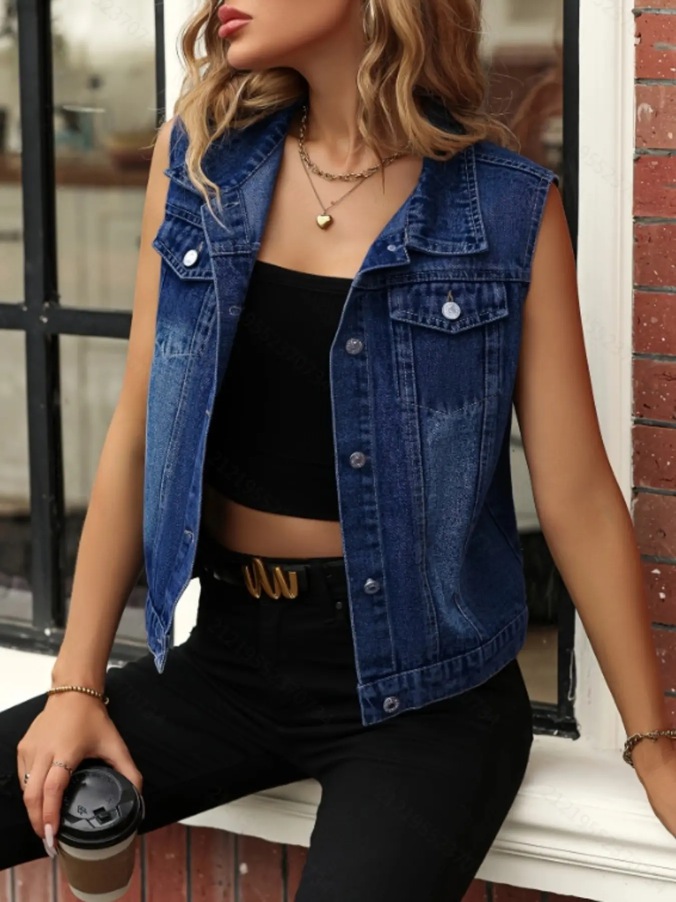 Plus Size Classic Washed Denim Vest for Women, Lapel Sleeveless Front Button Loose Fit Denim Tank Top, Daily Casual Streetwear Fashion