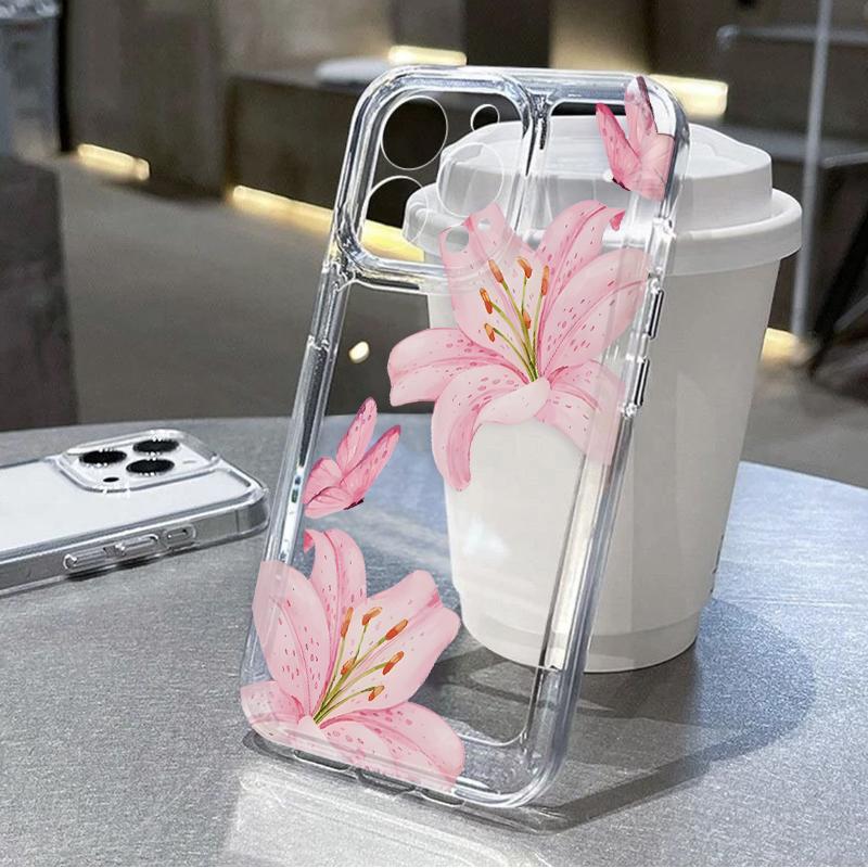 Chic Lily Charm TPU Pattern Phone Case for iPhone 17 15 16 14 Pro Max 13 12 11 XR XS Plus Air  Anti-Yellowing Shockproof Protection Lightweight Transparent Soft Cover Cellphone Protective Durable Protector