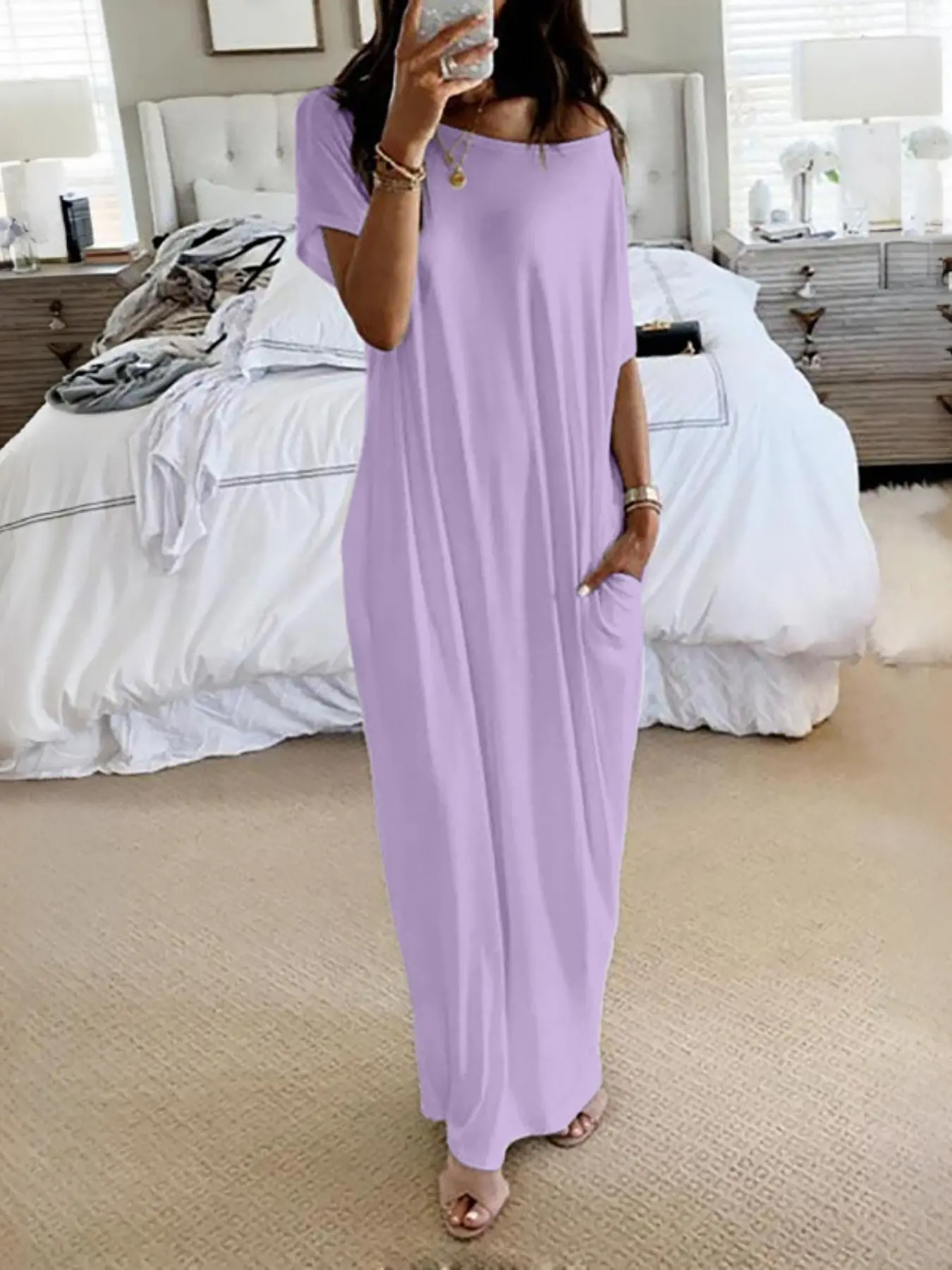Women's Solid Batwing Sleeve Nightgown, Casual Comfort Short Sleeve Sleepwear, All-Season Ladies Pajamas, Daily Wear Home Dress