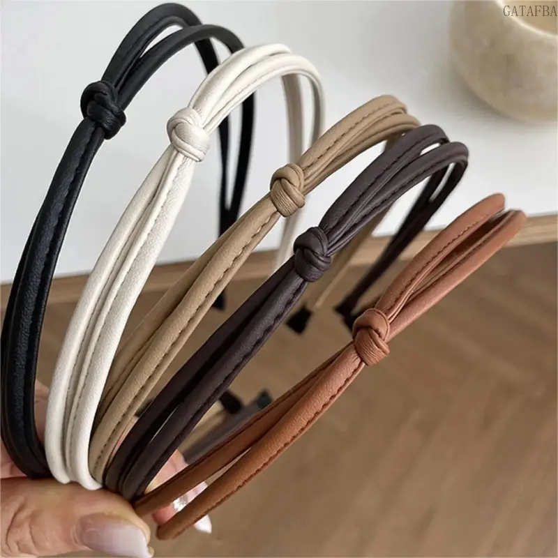 5 Pcs Thin Leather Knotted Headbands for Women, Fashion Solid Color Hair Accessories in Black Brown White