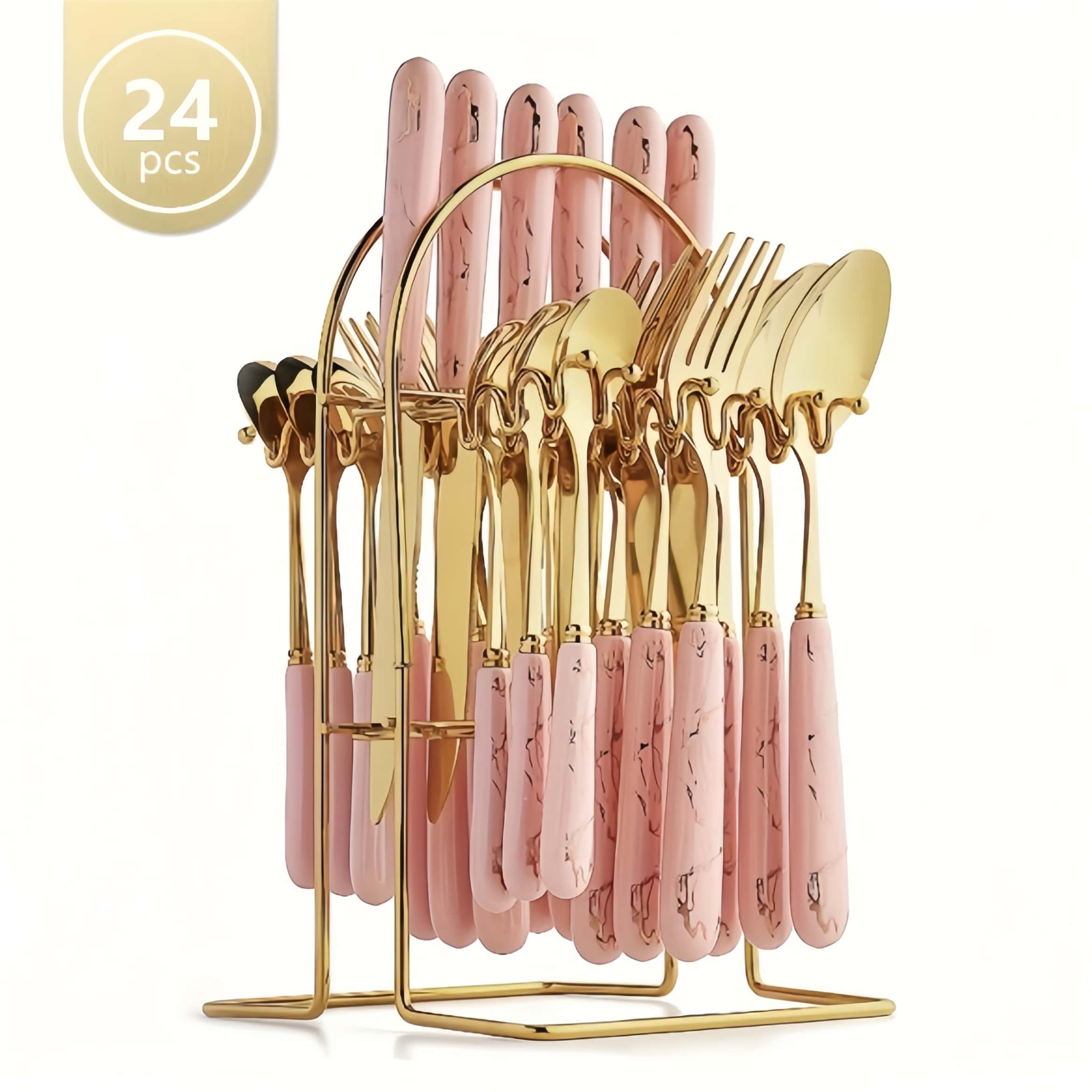 Modern Stainless Steel Cutlery Set with Holder, 24pcs/set Including Knives, Forks, and Spoons, Tableware Set for Home Kitchen Dining Room, Utensils