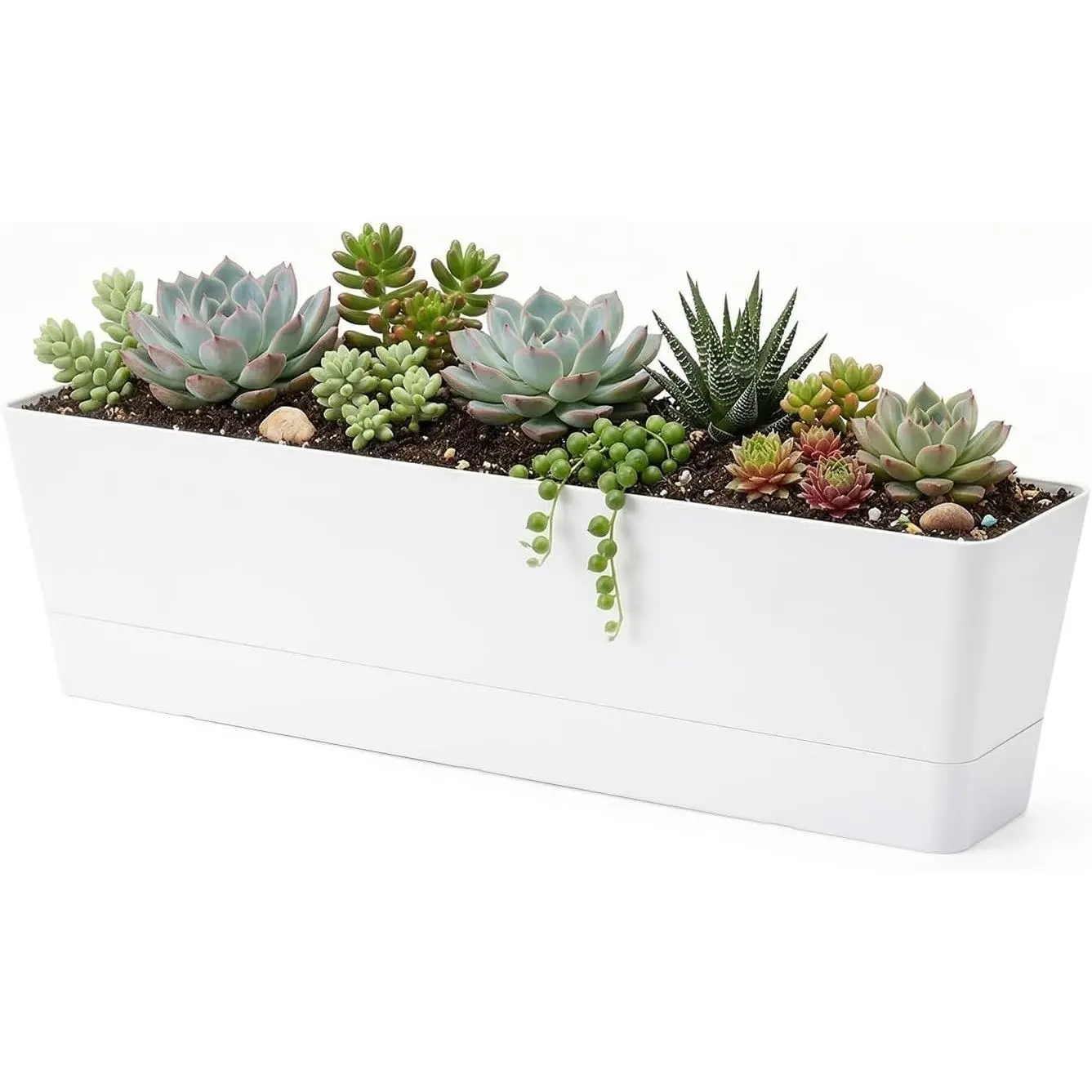 16x3.8 Inch Window Boxes Planters, 1PCS Plastic Rectangle Potwith Tray, Lightweight Indoor Succulent Cactus Flowers Vegetable Herb Planters for Balcony, Office, Garden, Outdoor, Windowsill
