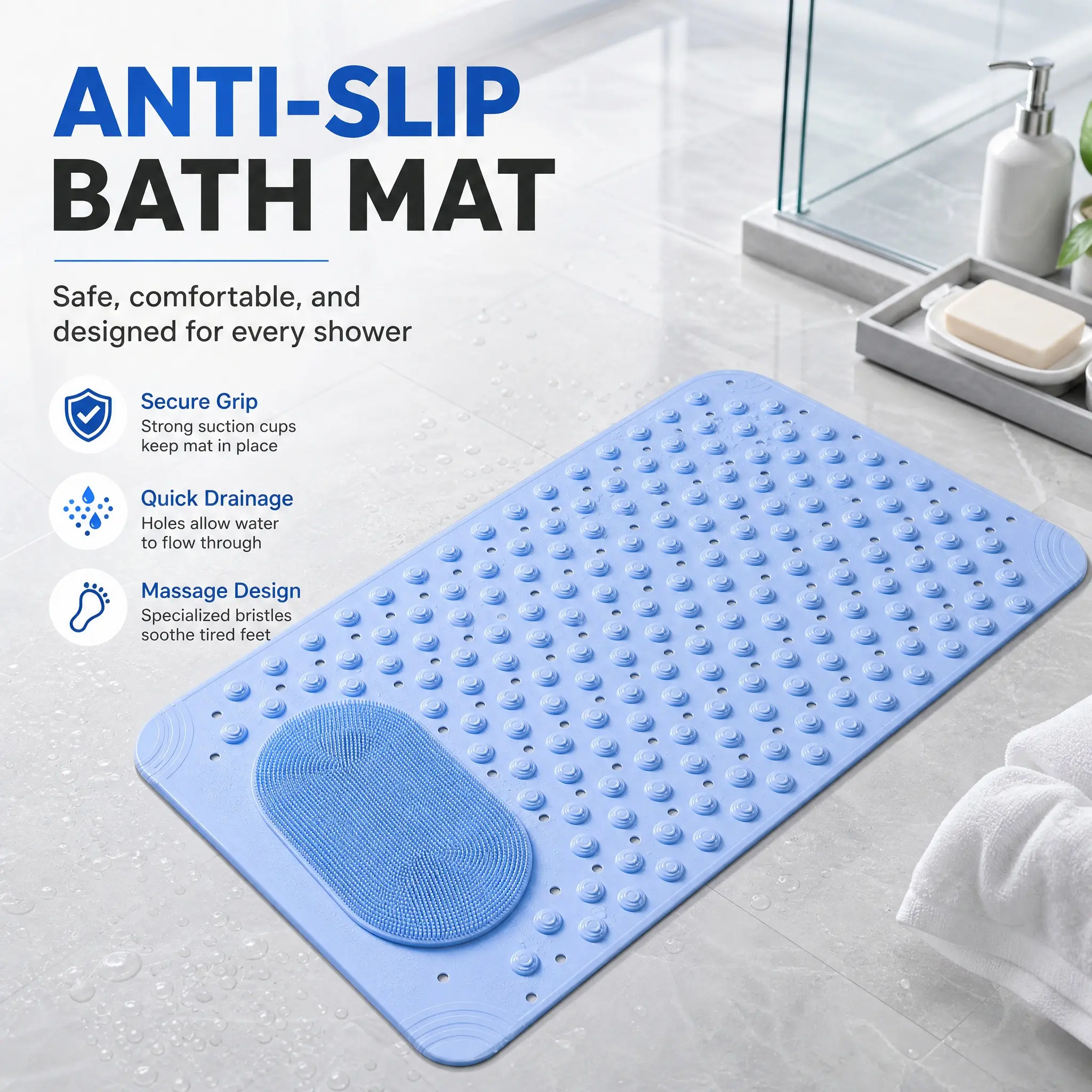 1pc Non-Slip Rectangle Shower Bathtub Mat with Drain Holes, Suction Cups for Bathroom Home Supplies, Home Decor