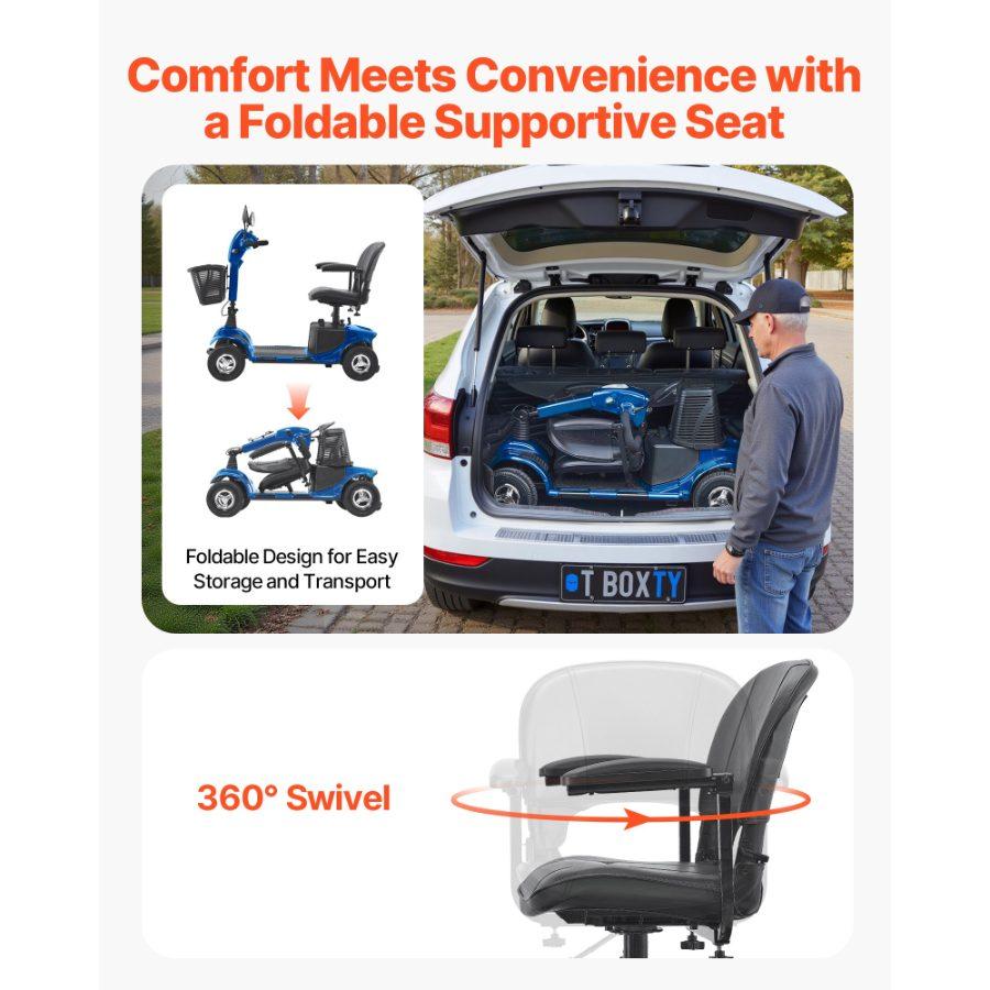 VEVOR Heavy-Duty 4 Wheel Mobility Scooter for Adults Seniors - Folding Electric Powered Mobility Scooter 12 Mile Long Range, Travel Scooter with 9 Climbing Capacity, 265lb Capacity
