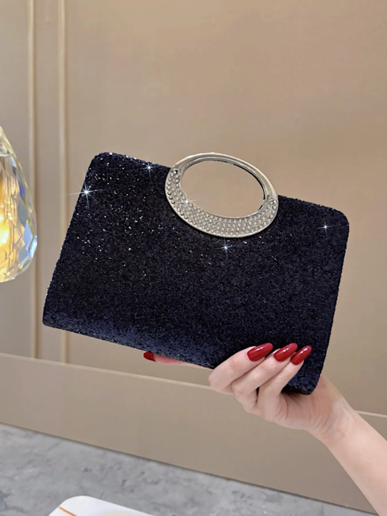 Glitter Box Clutch, Party Style, All Seasons, Large Capacity, Rhinestone Handle, Perfect for Weddings, Parties, Business Events