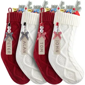18 Inches Personalized Christmas Stockings 4 Pack Large Knitted Hanging Stockings with DIY Snowman Name Tags for Mantels Christmas Tree Family Holiday Decor Red and White