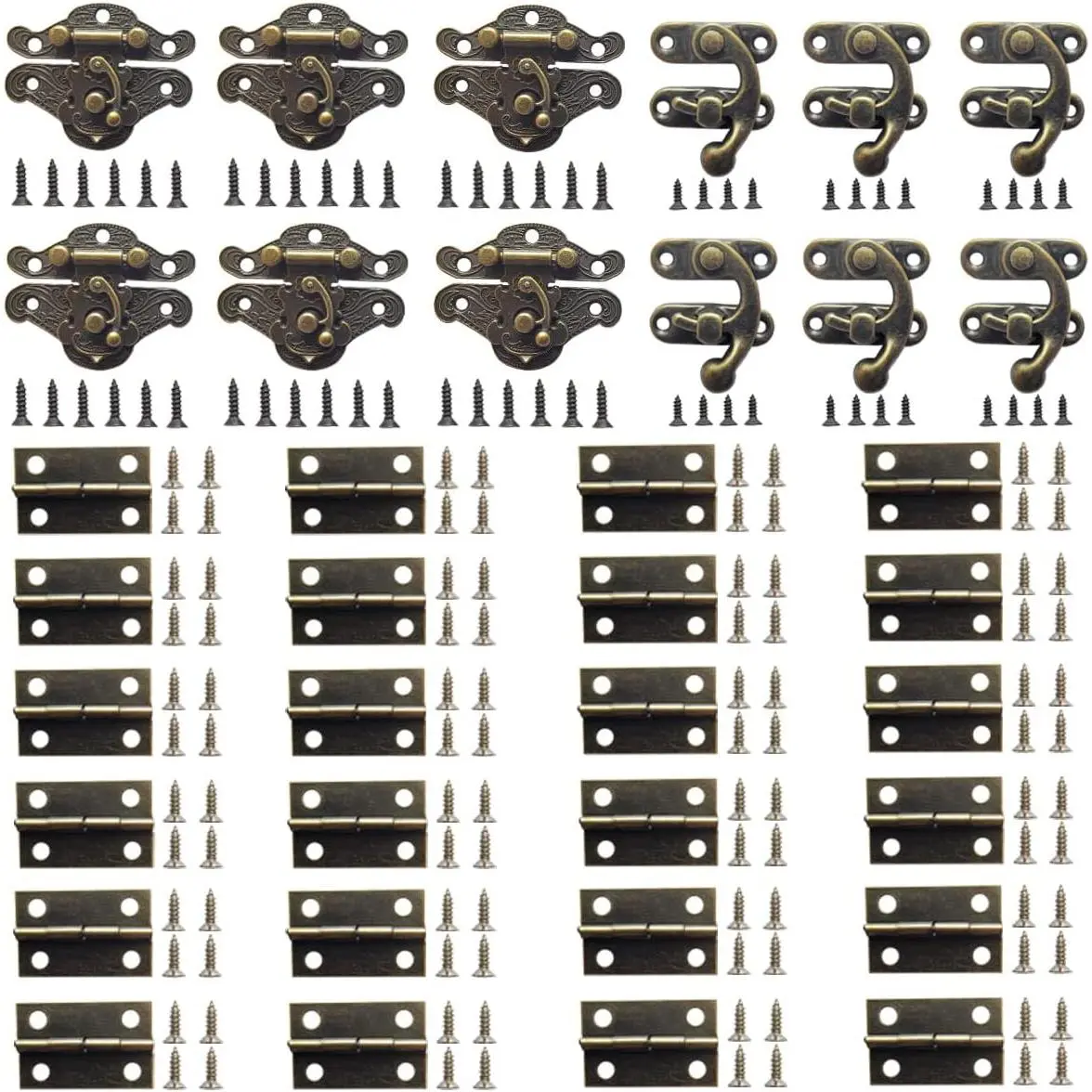 Vintage jewelry box hinges and latches, miniature latch hinges for wooden boxes, antique cabinet furniture hinges and latches - bronze color