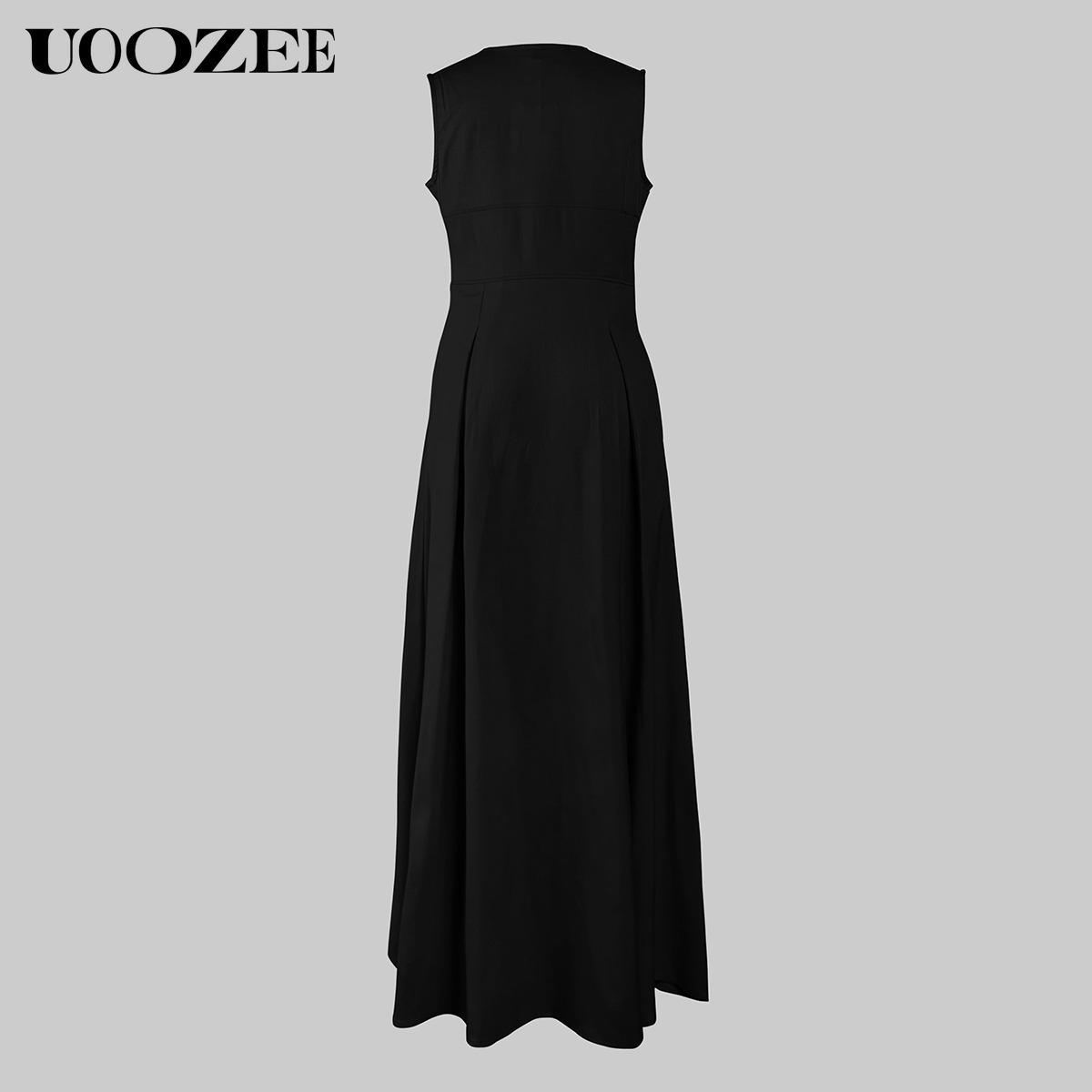 UOOZEE Women's Summer Casual Elegant A-line Loose Pleated Pockets Zipper Round Neck Long Minimalist Dress. Smaller Bust Fit One Size Up Recommended for C - Cup Above & smaller bust can order a normal size. Multiple colors, Sleeveless Womenswear Check