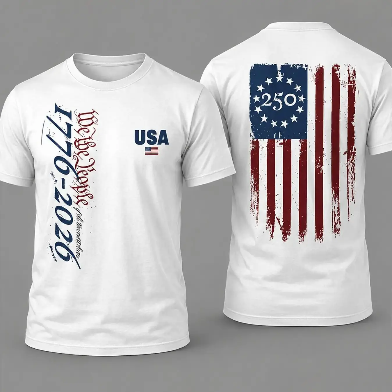 Vintage Patriotic T-Shirt, Unisex 100% Cotton Garment for USA 250th Anniversary, We The People Distressed Splatter Flag Graphic, Denim, Sneakers, Khaki