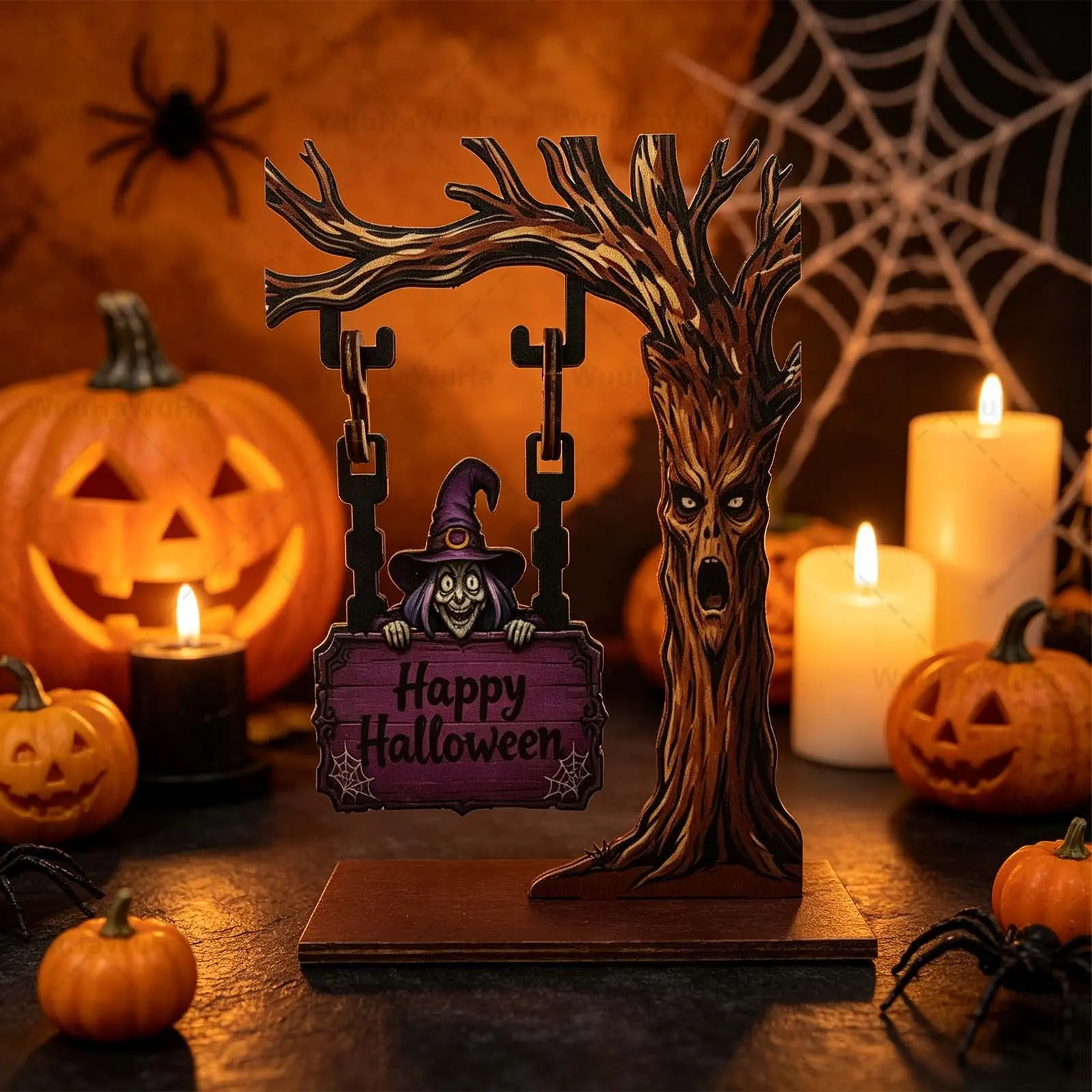 Halloween Wooden Desktop Decor, Gothic Witch Tree Swing, Vintage Halloween Centerpiece, Home Shelf Desk Fireplace Decoration, Spooky Gift