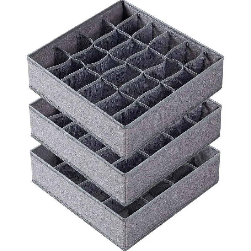 three-piece set of sock and underwear drawer organizers, 64-compartment fabric foldable wardrobe storage box, used for organizing socks, underwear, ties (16+24+24 compartments, gray): Home and Kitchen