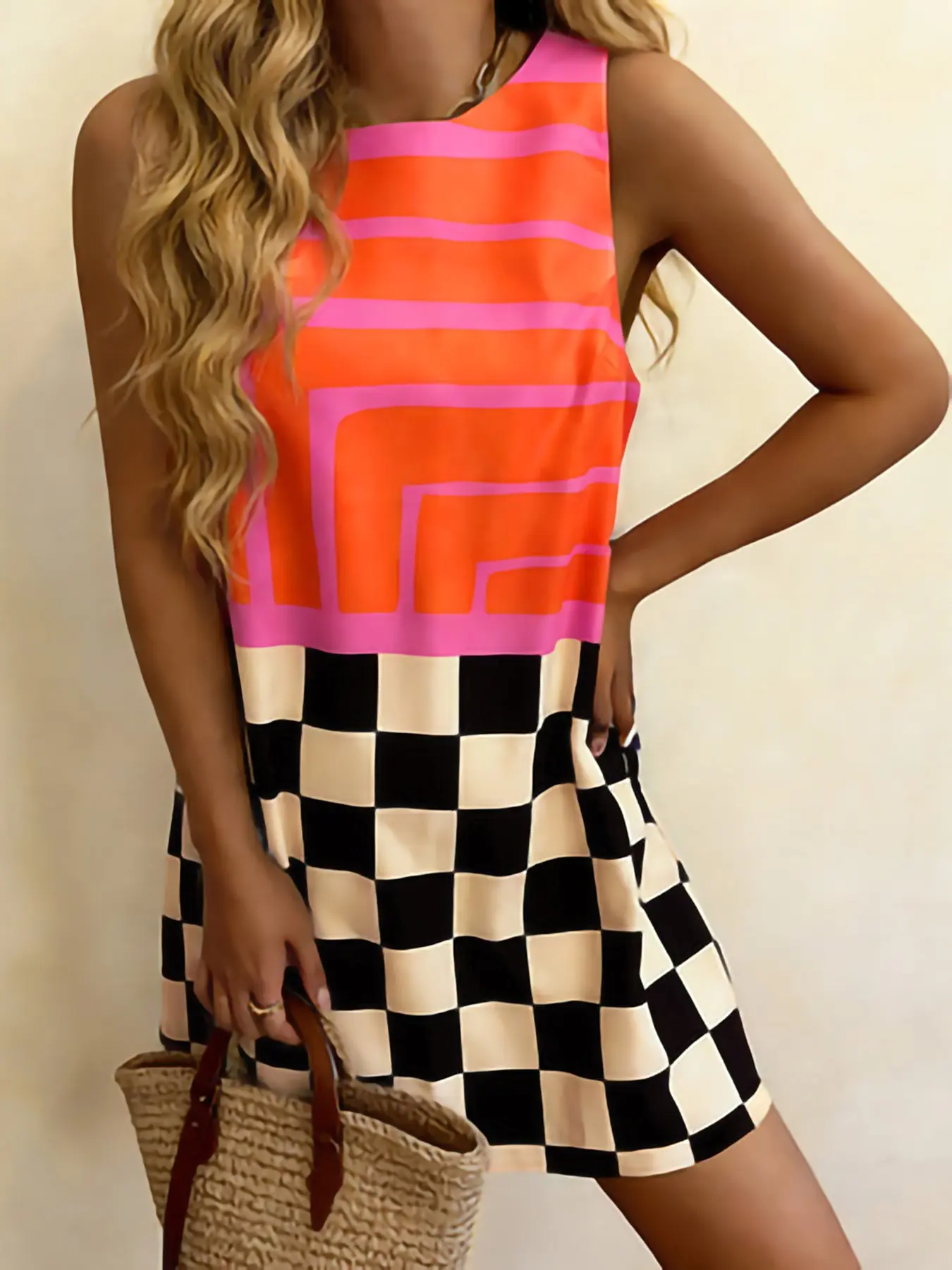 Women's Plaid Patchwork Sleeveless Dress, Casual Everyday Wear, Elegant Feminine Design, Suitable for Spring and Autumn Seasons, Daily Wear