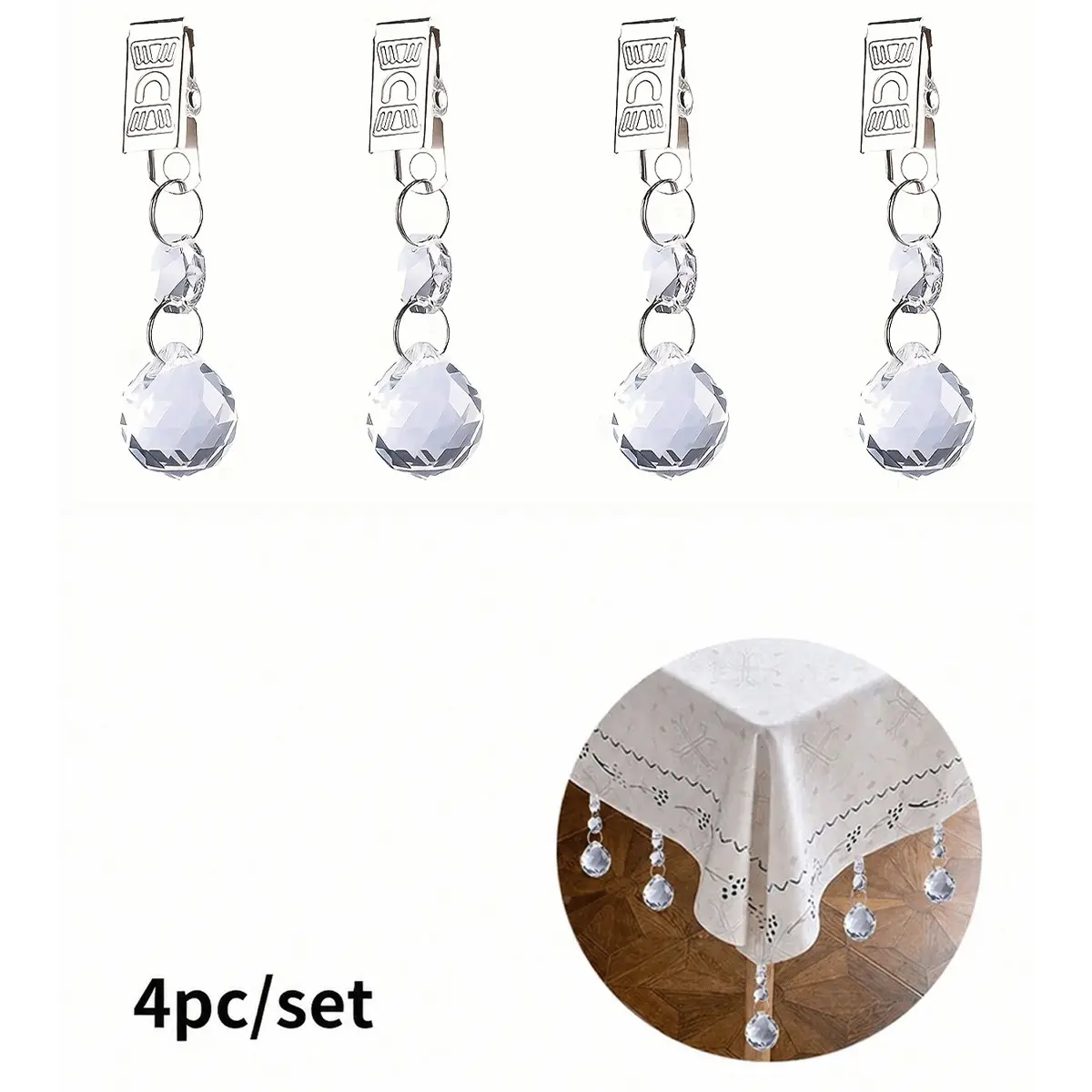 4-Piece Crystal Glass Tablecloth Clips with Stainless Steel Holders, Decorative Transparent Curtain Weights for Home Decor, DIY Tablecloth Accessories Set