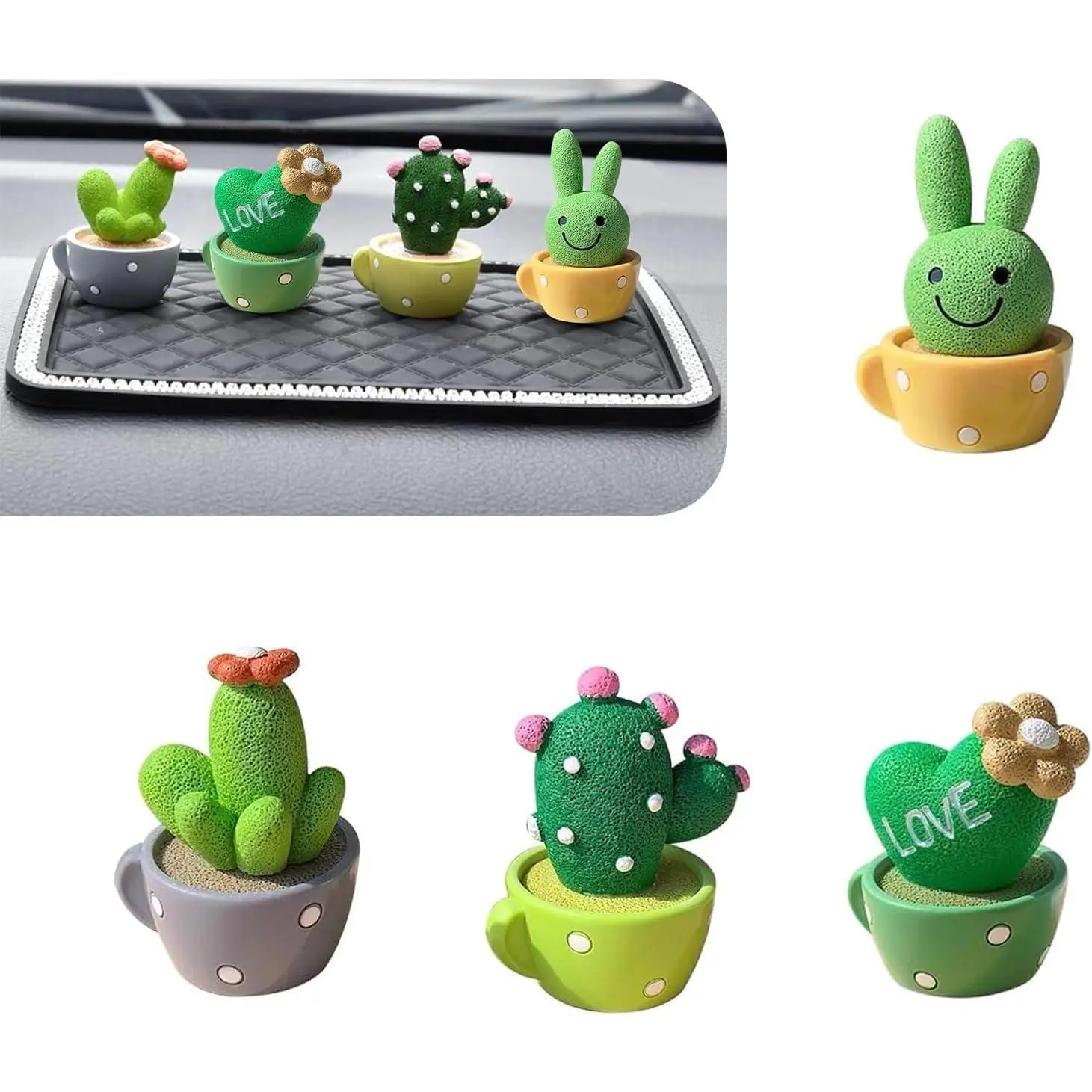 4 PCS Cute Mini Cactus Figurines, Car Dashboard Decorations, Resin Cactus Accessories, Universal Plant Decoration Accessories for Most Cars (Green)