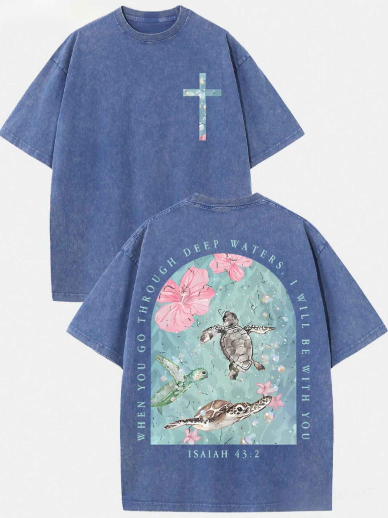 Men's Vintage Washed Pure Cotton T-Shirt - Oversized Streetwear Tee with Sea Turtle & Text Print ("I Will Be with You"), Loose Fit Casual Shirt, Machine Washable Soft Daily Wear