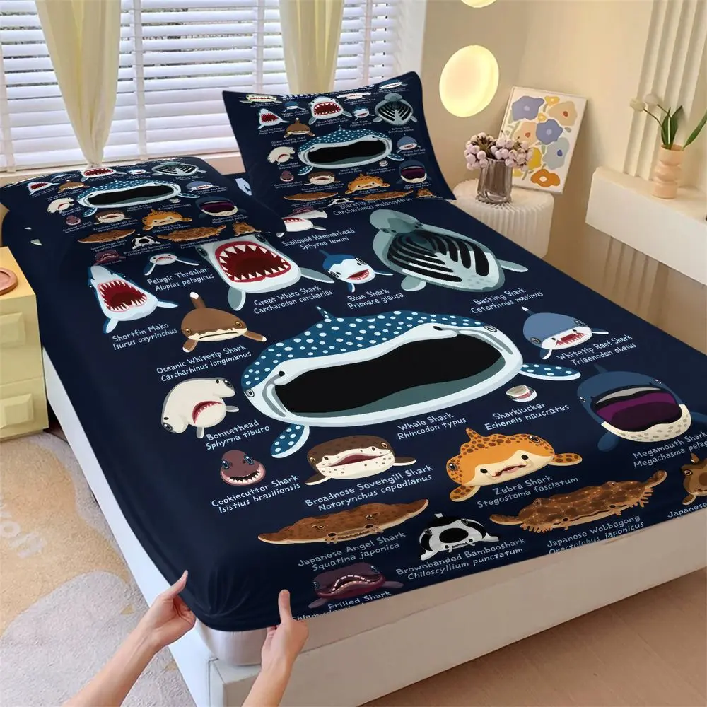3Pcs Shark Bedding Set Kids Ocean Theme Fitted Sheet Set, Educational Sea Creature Print Bed Sheets Set for Boys Girls Bedroom, Soft Microfiber Bedding Set Gift No Fillers, Cute Sheets