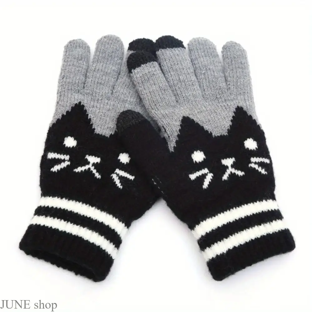 Women's Cat Jacquard Winter Gloves, White Full-Finger Stretch Knit with Touchscreen Tips, Knuckle Protection, and Flexible Grip, Female, Touch Screen, Stretch Fabric, Knuckle Guards, Finger Knuckle Guard