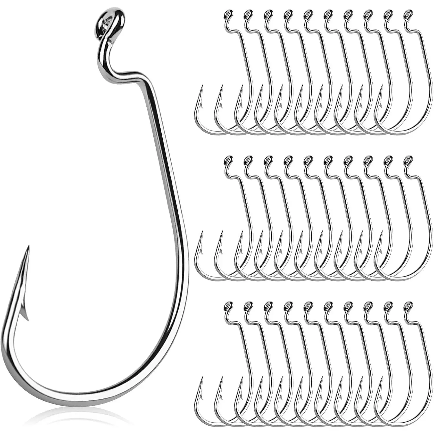 EWG Offset Worm Fishing Hooks, 2X Carbon Steel Deep Throat Z-Lock Bend, Extra Wide Gap Hooks for Bass Fishing, 30-Count Box with 1/0-5/0 Sizes for Freshwater/Saltwater Use