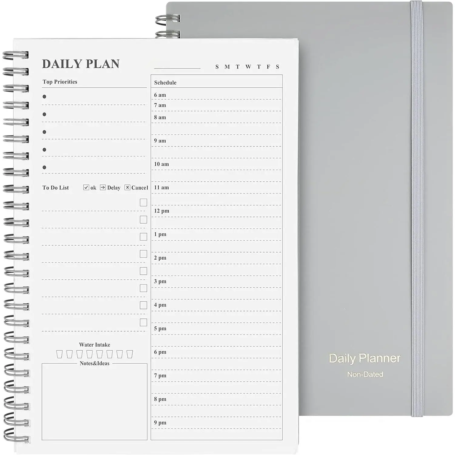 Daily Planner Undated:   Notebook Day Planners (A5, Gray) | Spiral Hourly Planner Appointment Schedule Planner for Men and Women,PVC Hardcover,Elastic Closure, Inner Pocket 8.3" x 5.8"