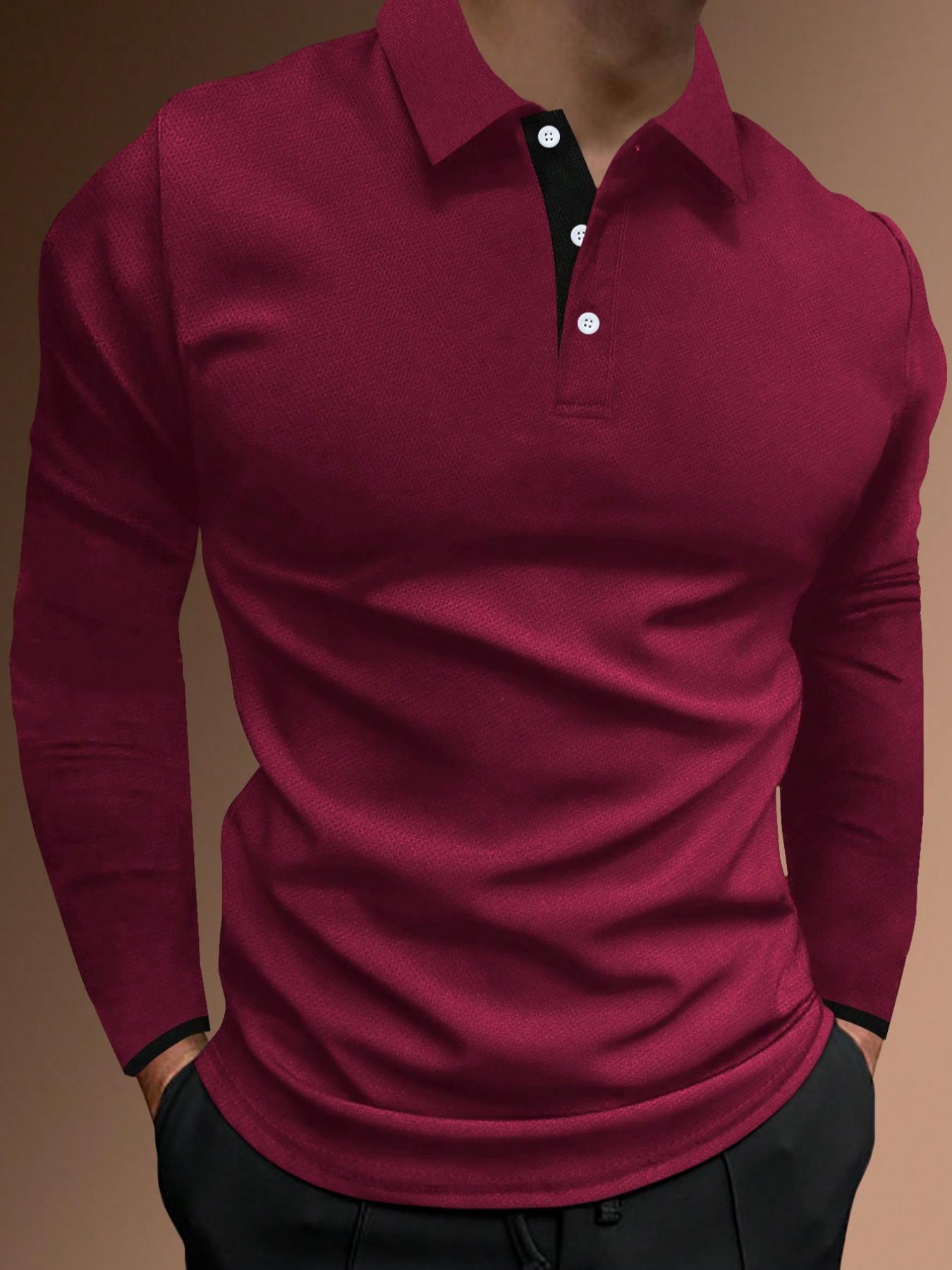 Men's Regular Fit Contrast Binding Button Front Polo Shirt, Men's Clothing Outfits, Casual Long Sleeve Half Placket Collared Top for Summer, Streetwear, Menswear for Daily Wear, Polo Tees