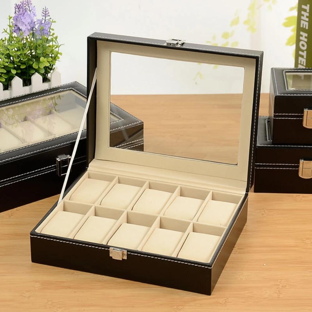 Multi-Slot Watch Display Case Organizer Box, Lockable PU Leather Storage Holder for Men & Women Watches, Durable & Stylish Design