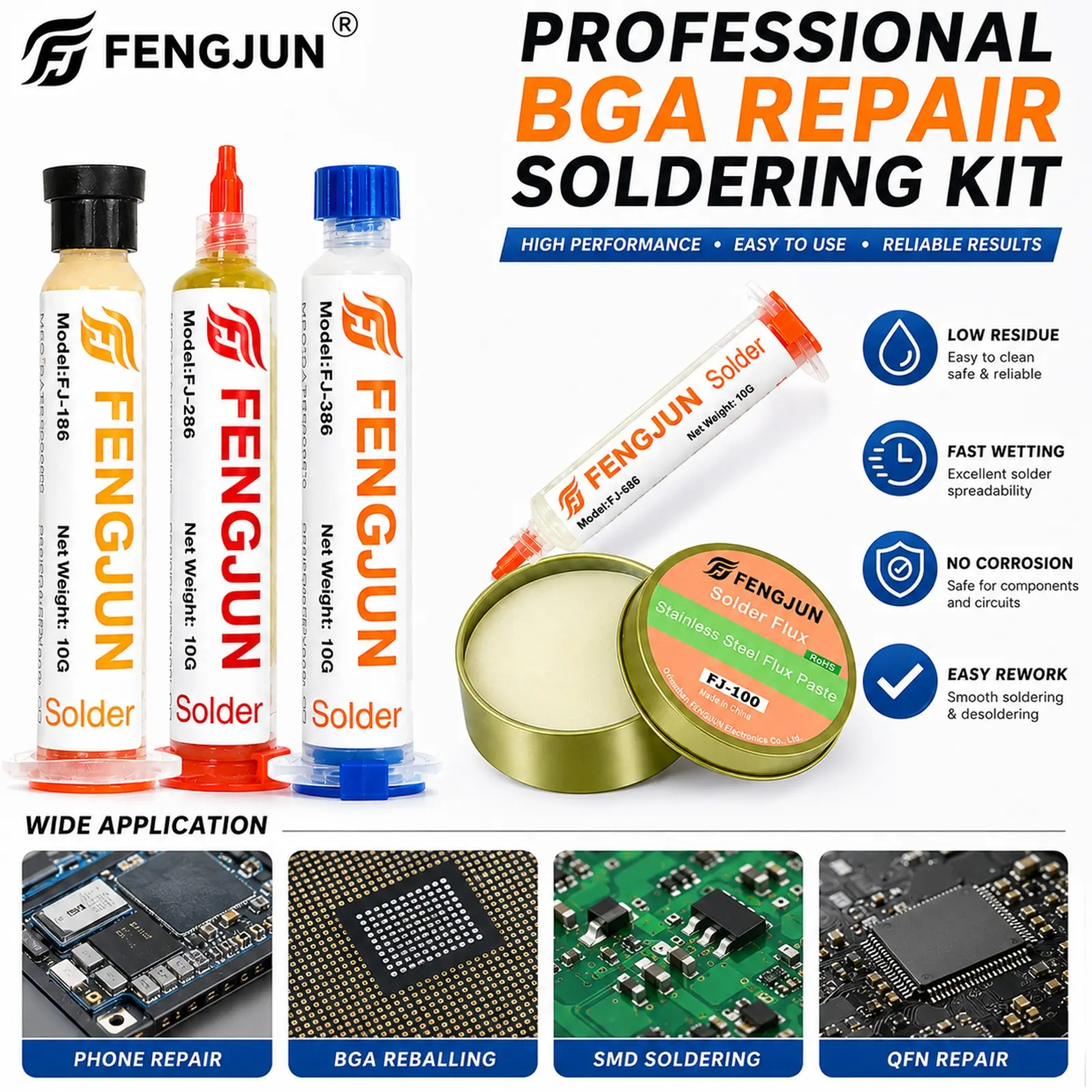 FENGJUN No Clean Solder Flux Paste and Solder Flux Kit Premium Desoldering Wick for PCB Repair, Electronics Solder Removal & Rework