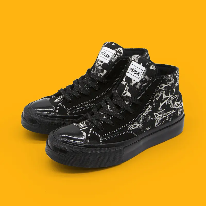 Unisex Solid Black Vintage Print Jacquard High-Top Platform Skate Sneakers, Minimalist Round Toe, All-Season Canvas Shoes with Flat Laces, Shock-Absorbent Thick Sole for Grunge Street Style