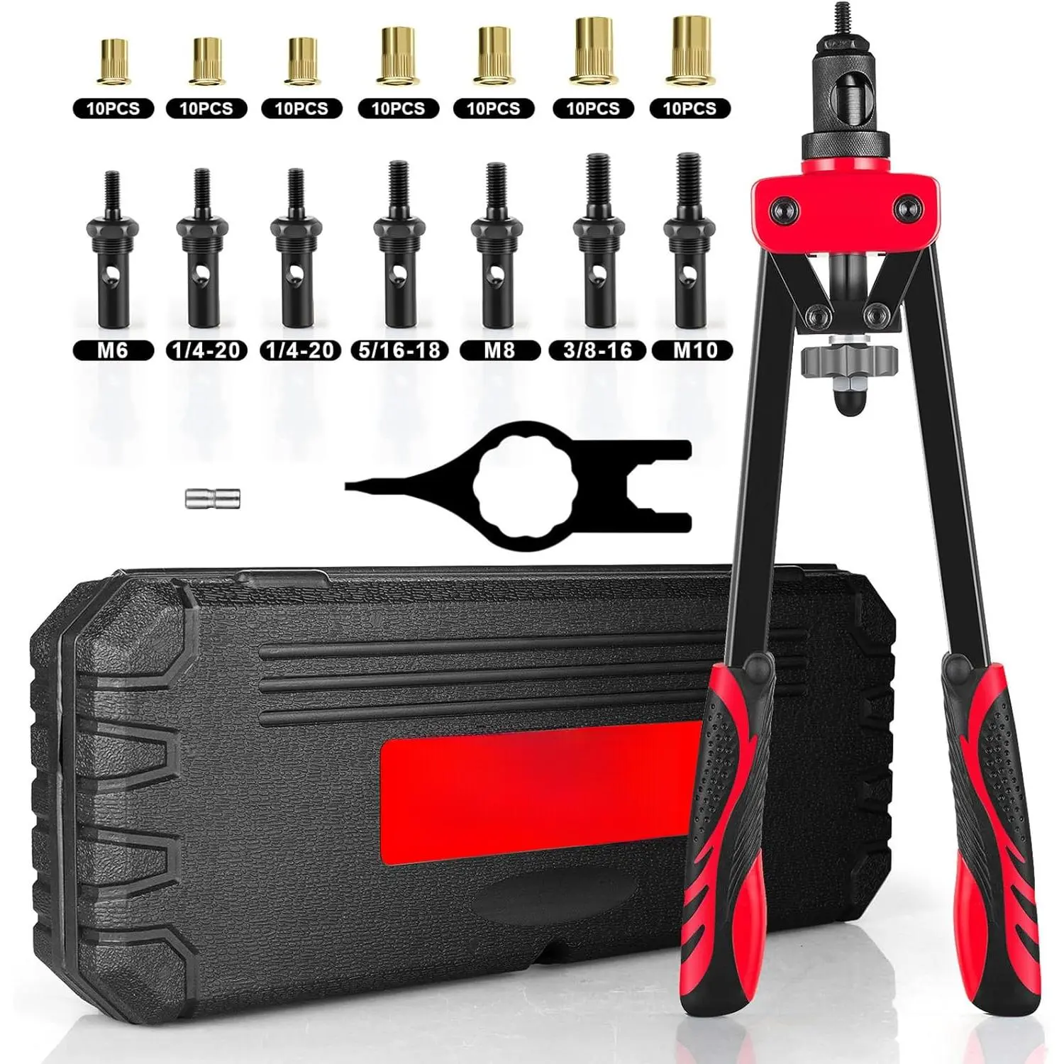 Rivet Nut Tool Kit, 14-Inch Rivnut Tool with 7 Metric and SAE Mandrels, Professional Hand Riveter with 70Pcs Rivnuts Assortment Kit, Manual Rivet Nut Gun with Rugged BMC Case