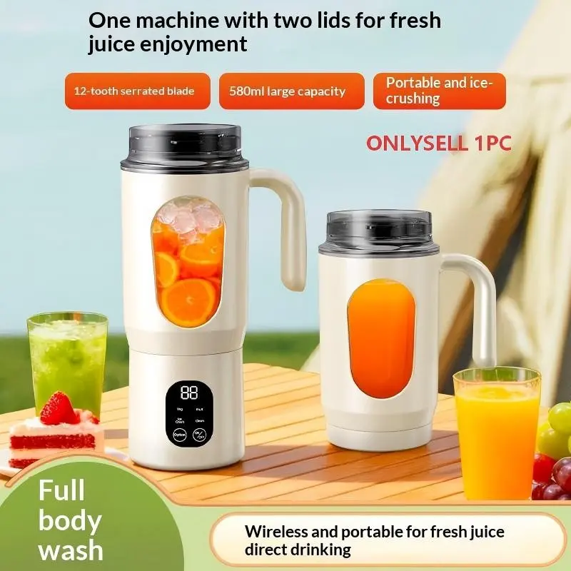 1PC portable juicing cup.Type-c rechargeable (1300 mAh 3C dual battery) freshly squeezed/direct drinking 2 in 1, intelligent digital display, 304 stainless steel cutter head, 580ml cup body capacity, suitable for juice/milkshake/fruit and vegetable, etc.