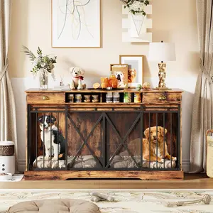 63 in Extra Large Double Dog Crate with Removable Divider, Heavy Duty Dog Kennel Furniture with 2 Drawers, Indoor Decorative Pet Cage TV Stand for 2 Pets, Brown