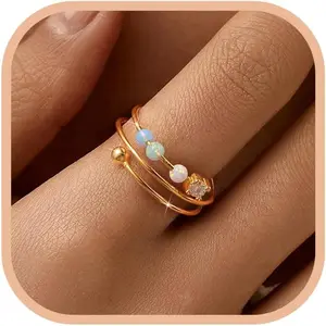 14K Gold Plated Fidget Spinner Anxiety Ring for Women 925 Sterling Silver Adjustable Colorful Opal Beads Spinning Rings Stress Relieving Mood Ring Jewelry Gifts for Mother Daughter