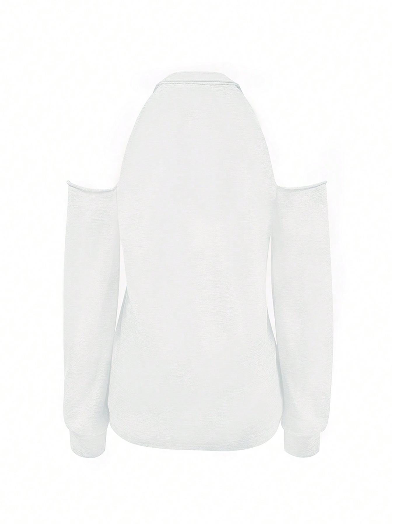 Women's Letter Print Cold Shoulder Tee, Casual Long Sleeve T-shirt for Daily Wear, Ladies Clothes for All Seasons