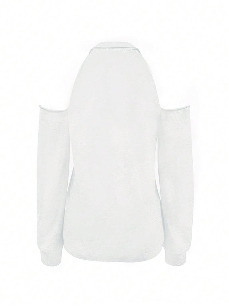 Women's Letter Print Cold Shoulder Tee, Casual Long Sleeve T-shirt for Daily Wear, Ladies Clothes for All Seasons