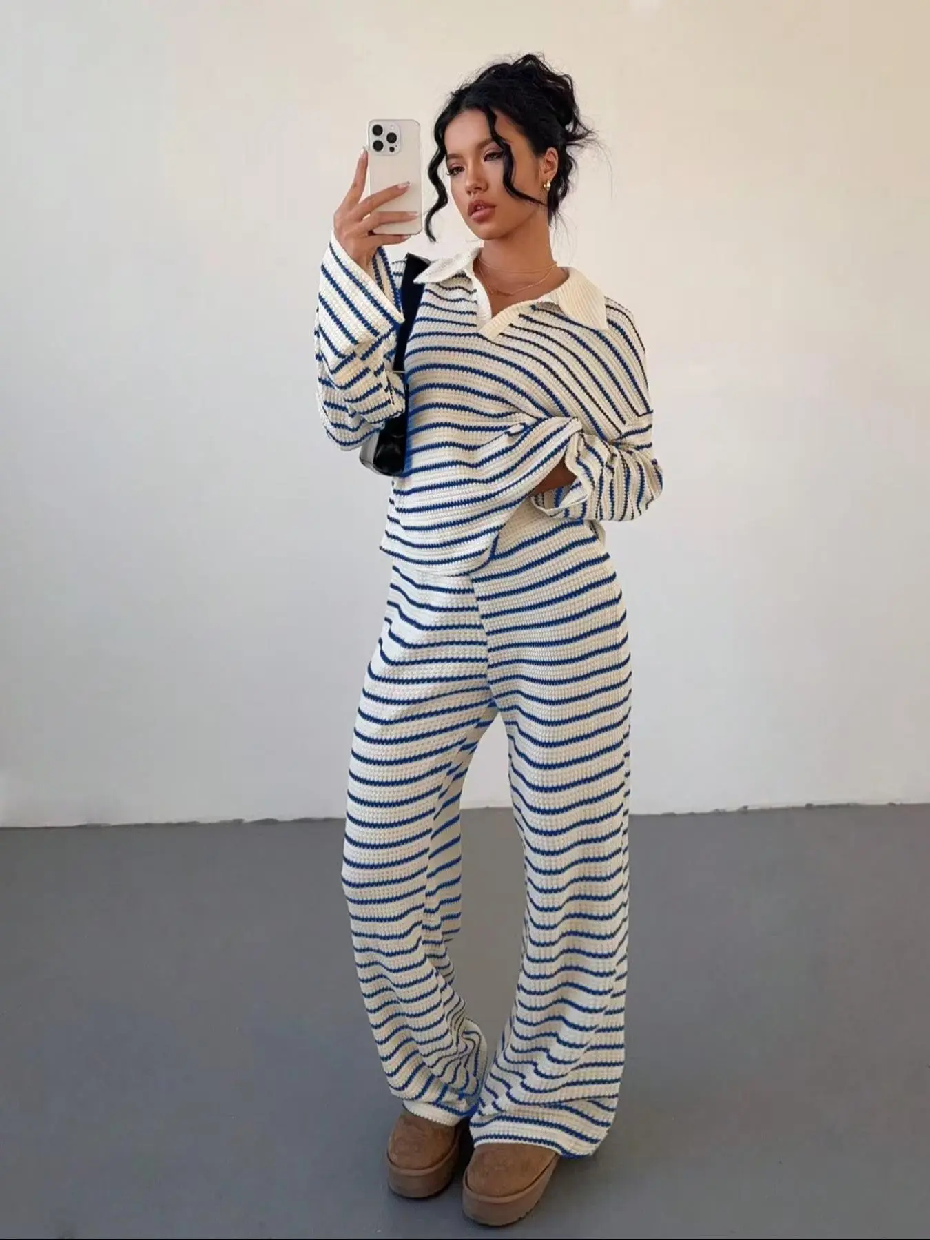 Women's Striped Textured Micro Flare Polo Neck Top Long Pants Set, Fashion Casual Versatility Two-Piece Outfit for Daily Commute