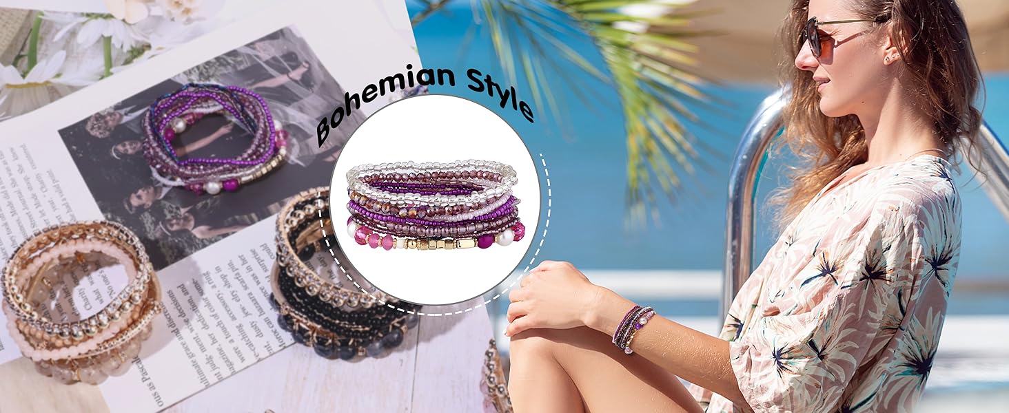 6 Sets Bohemian Stackable Bead Bracelets for Women Stretch Bohemian Style Stretch Multilayered Boho Bracelet Set