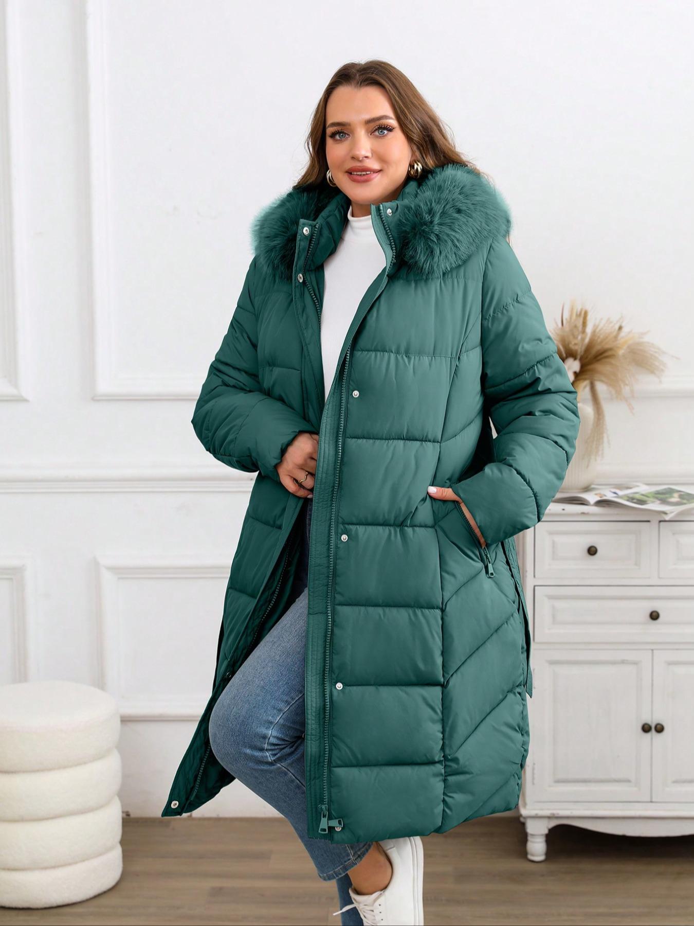 Women's Winter Cotton Jacket, Hooded Long Sleeve Warm Coat, Fitted Plain Style, Fall & Winter Fashion, Includes Belt