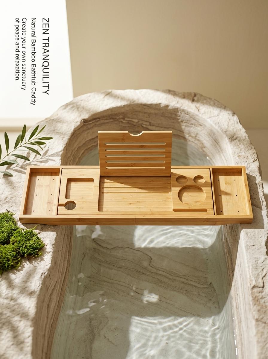 Luxury Bamboo Bathtub Caddy Tray - Expandable Bath Table with Wine Glass Holder & Book Reading Rack - Spa Aesthetic Bathroom Decor
