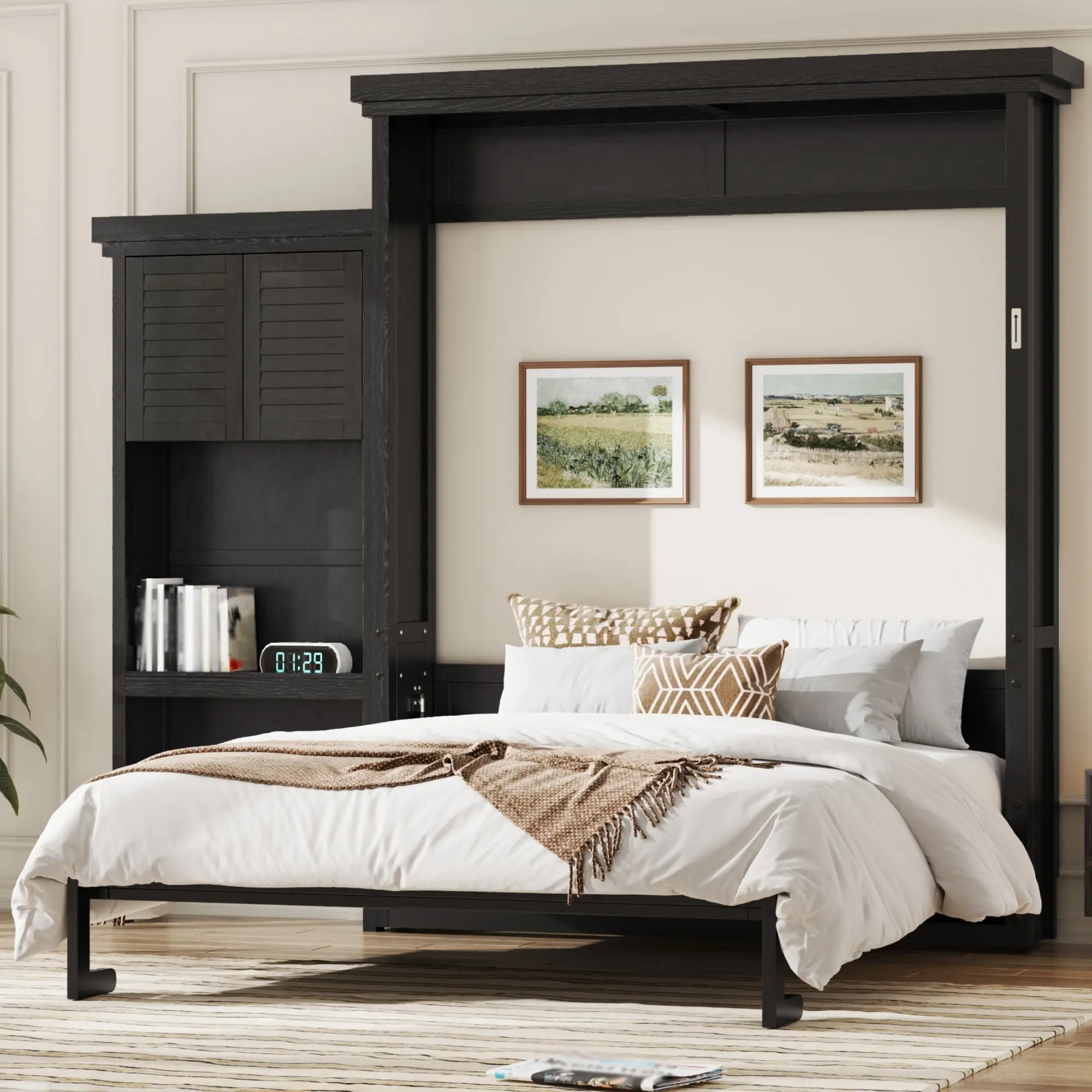 Nokaa Queen Size Foldable Murphy Bed - Solid Wood & MDF Louvered Wall Bed with Storage Shelves, Space-Saving Folding Cabinet for Bedroom, Living Room, Foldable Bed
