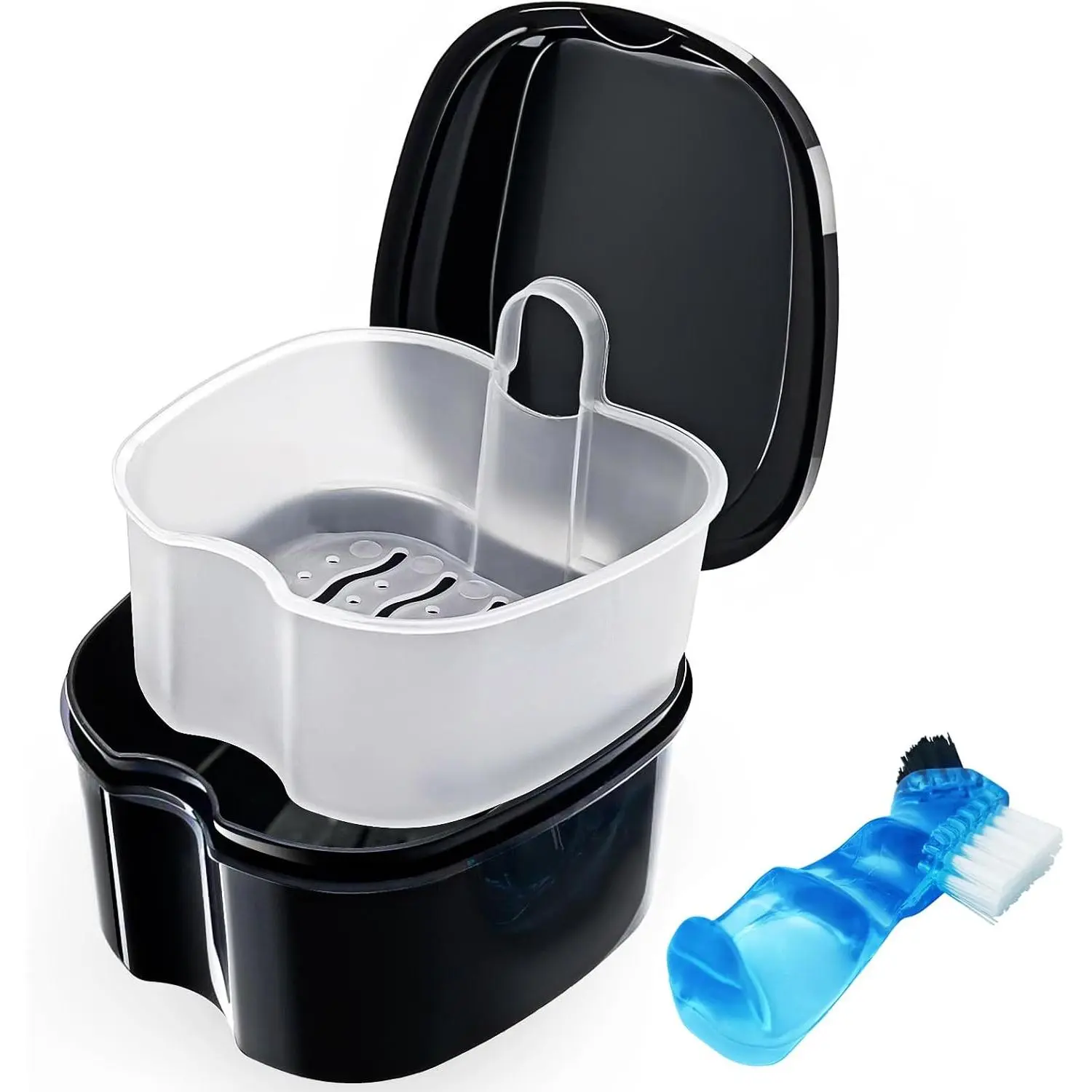 Black Denture Soaking Container, Partial Denture Case, Orthodontic Retainer Cleaning Case, Dentures Teeth Cup with Strainer and Lid, Waterproof