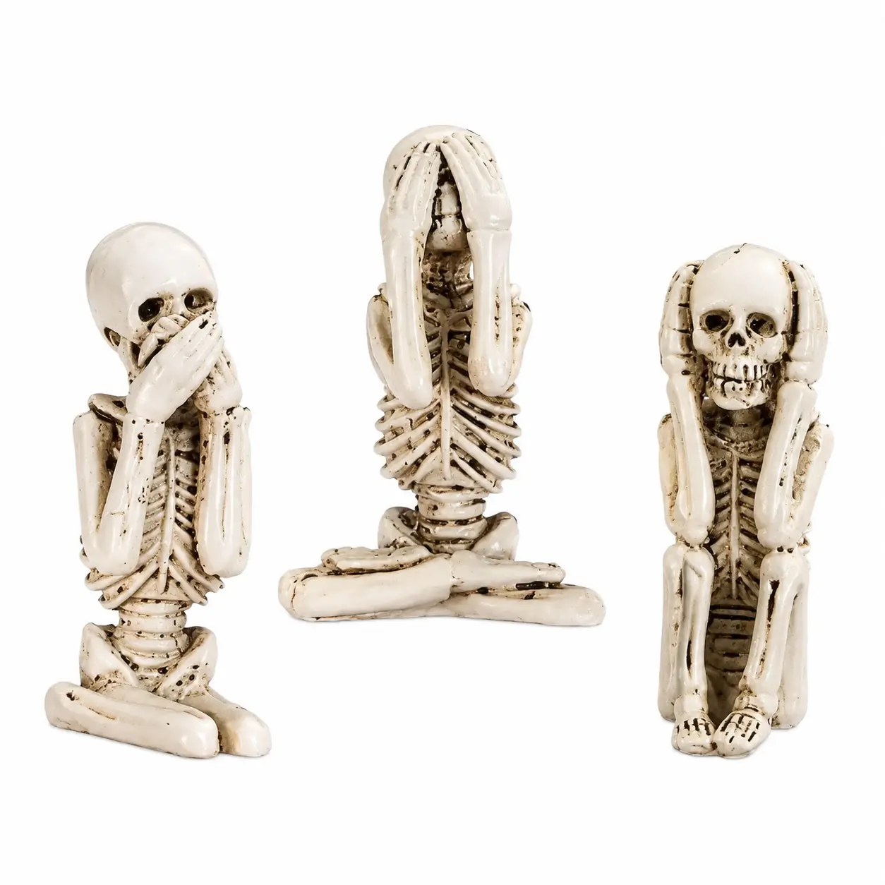 Three-Piece Resin Skull Sculpture Set Featuring the Classic 'See No Evil, Hear No Evil, Speak No Evil' Motif—Handcrafted Decorative Figurines for Halloween, Home, Office, and Desk Display with Detailed Artisan Finish and Timeless Symbolic Design