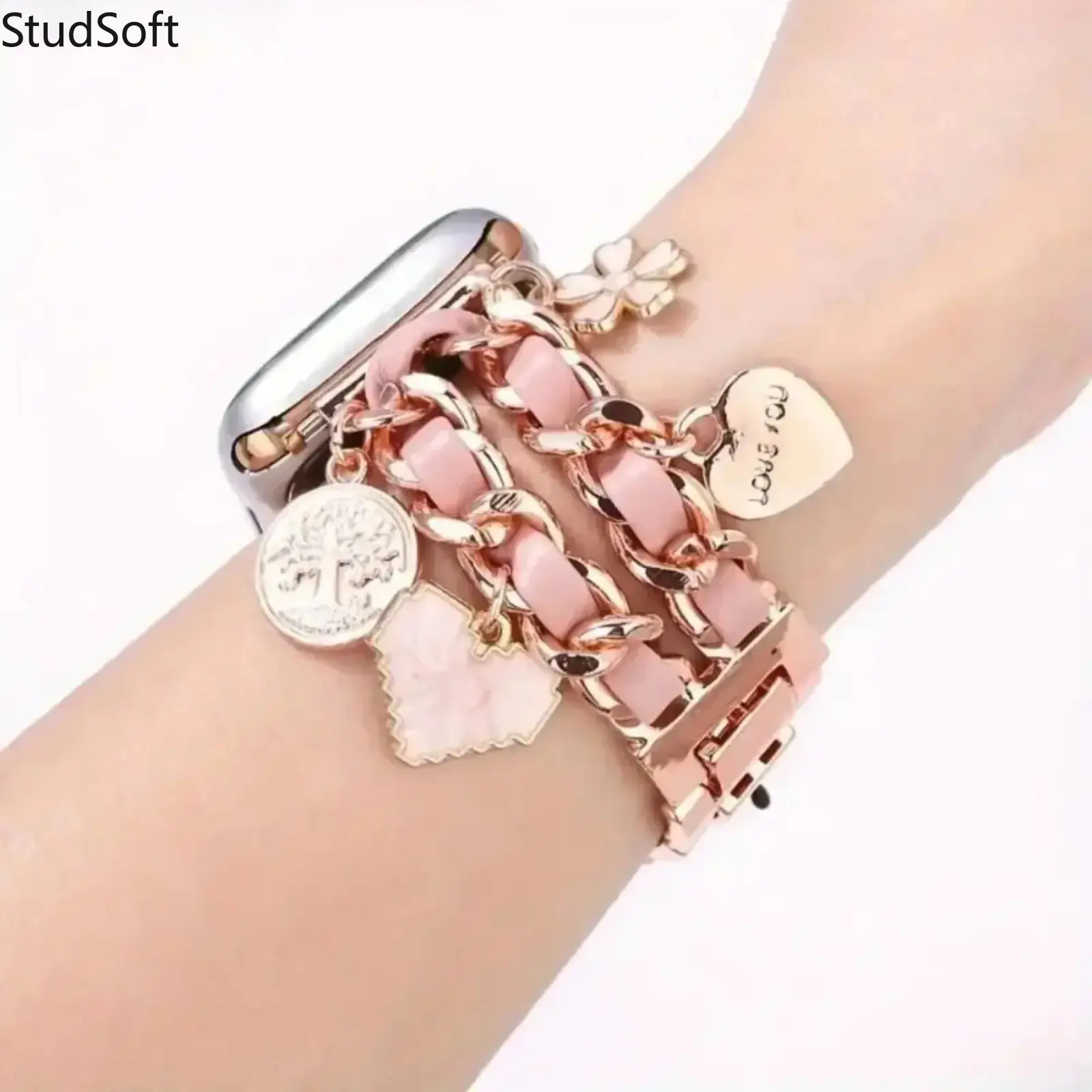 Leather Chain Band Compatible with Apple Watch S11 S10 S9 SE Ultra Double Row Metal Link Wrist Strap Bling Luxury Bracelet Women Jewelry Dress Strap No Watch