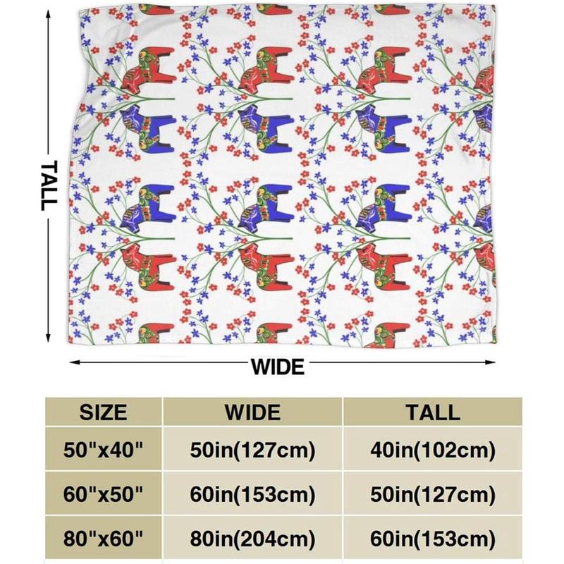 Comfy Soft Floral Swedish Dala Horses Throw Blanket,  Flannel Home Blanket Wearable Blanket, Queen Size Blankets for Bedroom Living Rooms Sofa Couch, 40"x50"