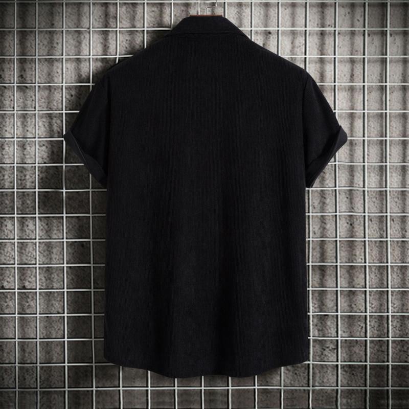 Men's corduroy color-block short-sleeve shirt, casual button-up shirt with chest pocket, vintage summer street style, soft and breathable, suitable for everyday wear