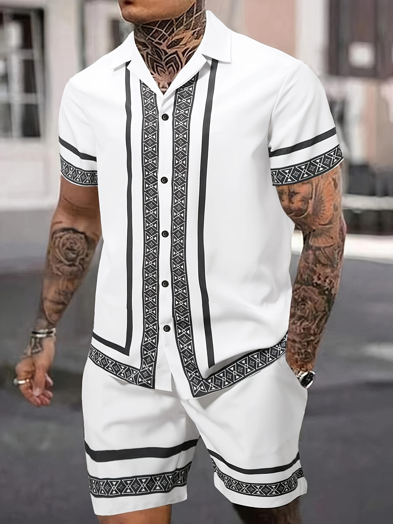 Men's summer geometric pattern casual vacation short sleeved shirt and shorts set