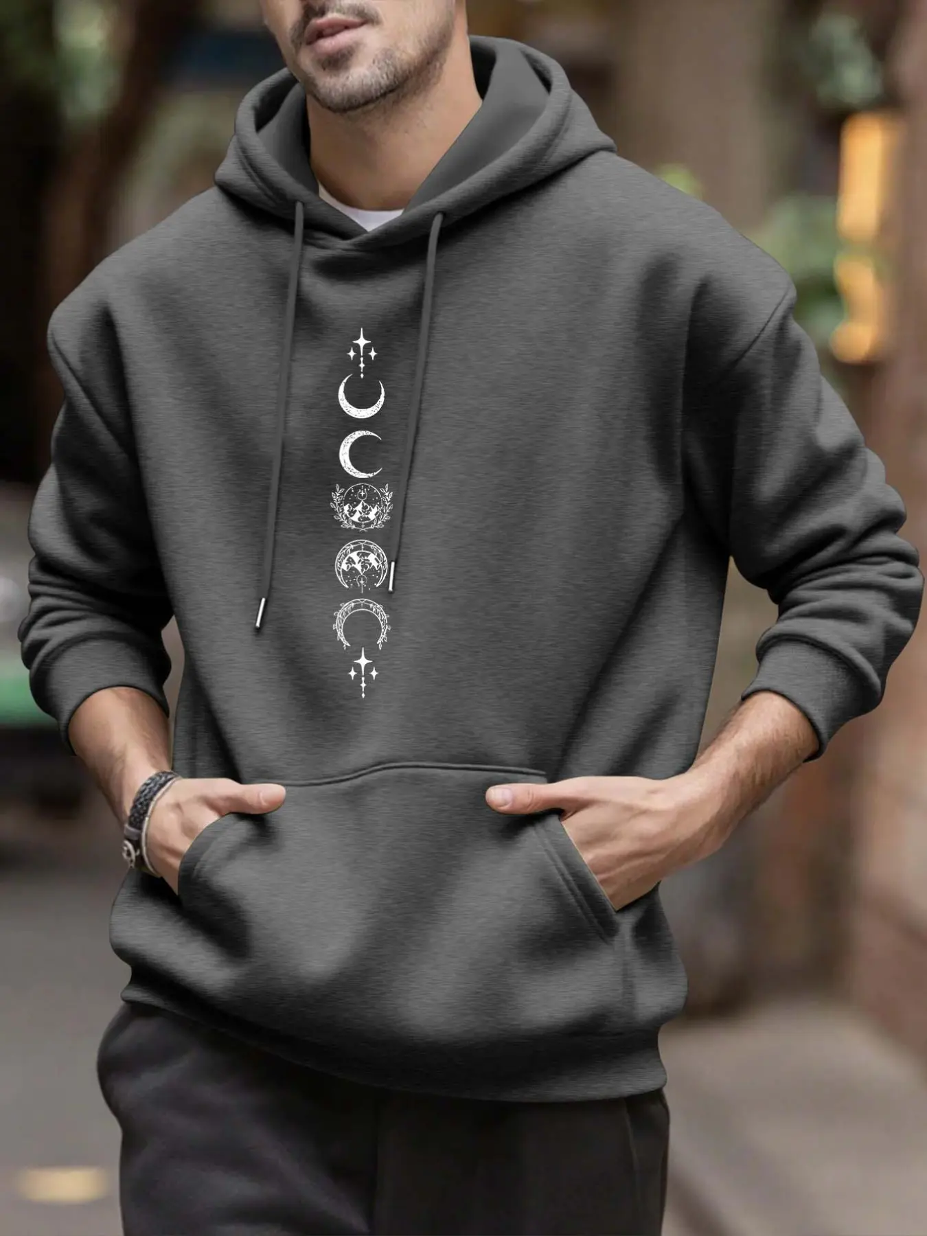 Men's Thickened Casual Hoodie, Retro Vertical Star Moon Magic Print, Regular Fit Streetwear, Drawstring Pockets, Long Sleeve Sweatshirt
