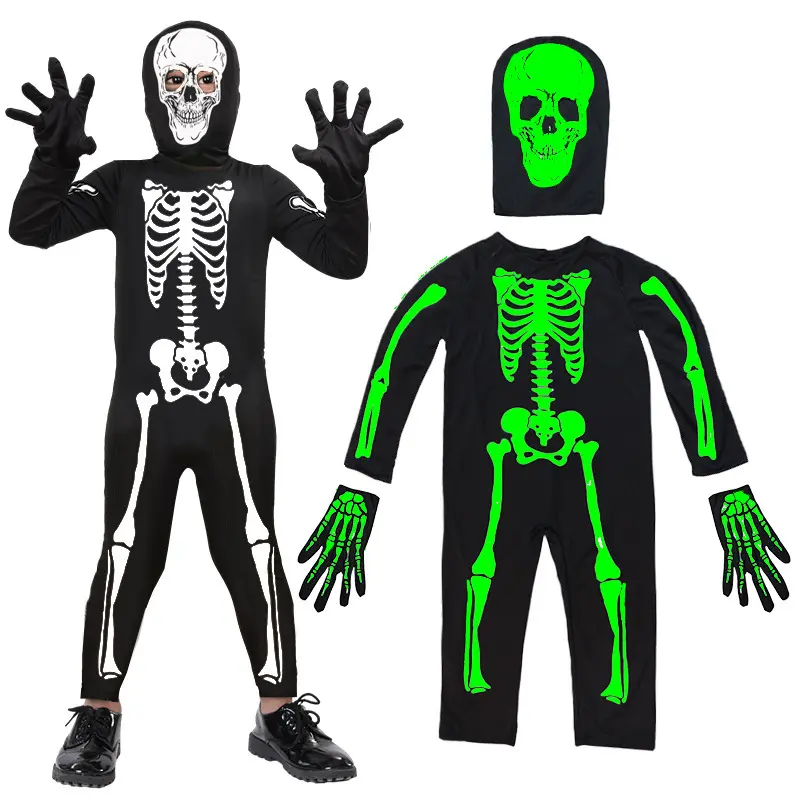 Kids' Luminous Skeleton Cosplay Jumpsuit Set, Long-Sleeve Full-Body Glow-Print Outfit with Skull Hood and Skeleton Gloves, Halloween Trick-or-Treat, Spooky Party Fancy Dress