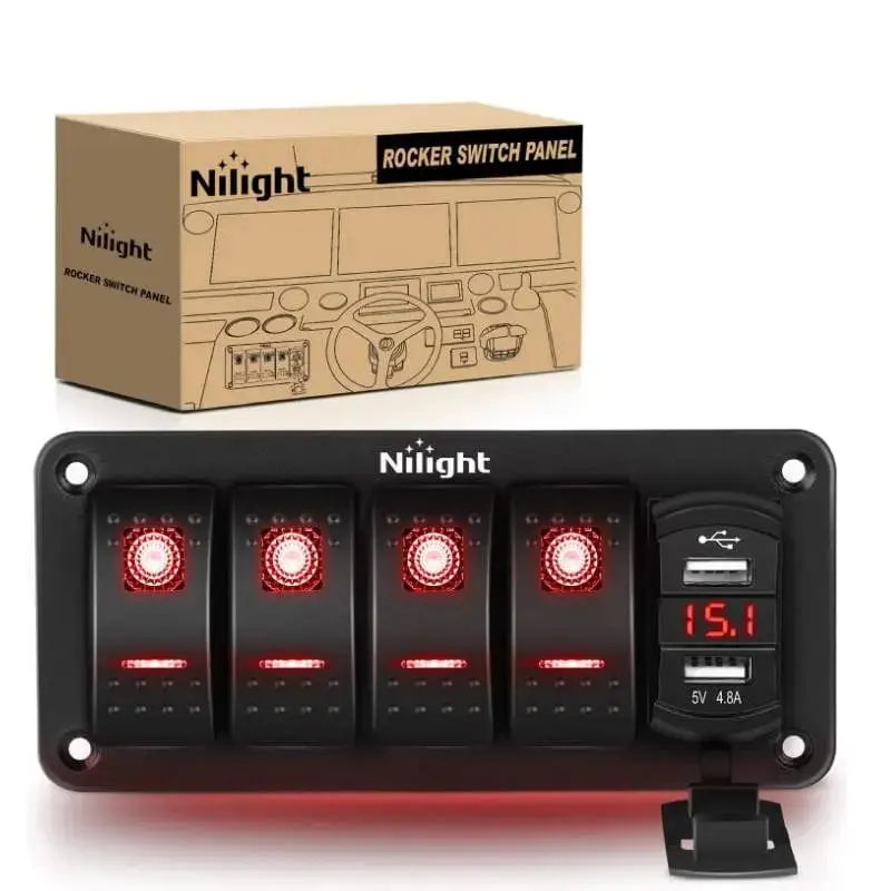 Nilight 4Gang Aluminum 5Pin ON/Off Red Rocker Switch Panel w/ 4.8 Amp Dual USB Charger Voltmeter
