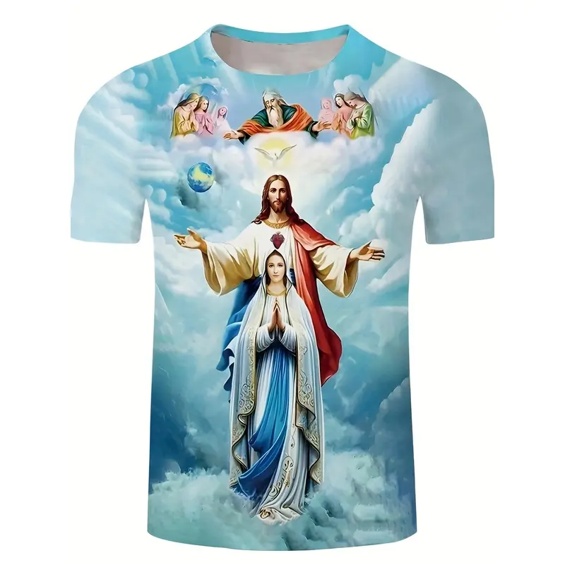 3D Men'S Graphic T-Shirt,Men’s Christian Religious Graphic T-Shirt, Jesus & Virgin Mary Sky Blue All-Over Print Tee, Crew Neck Short Sleeve Casual Faith Shirt, Religious Gift for Men